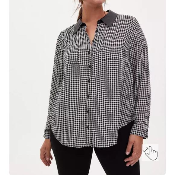 Torrid Madison black & white Houndstooth faux leather collar Button blouse sz 3 - Picture 10 of 11